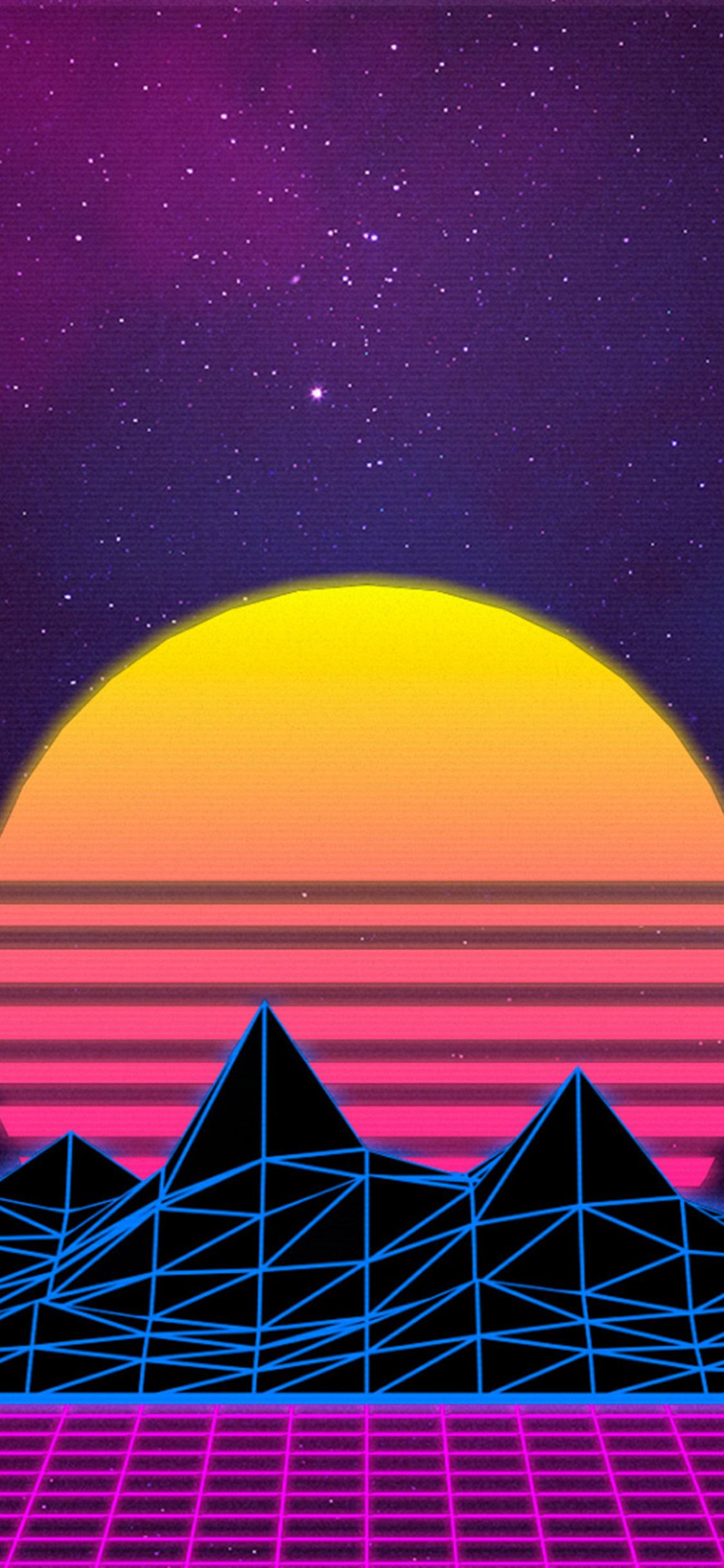 Retrowave sole montagne griglia, 1125x2436 Full HD Verticale, Smartphone