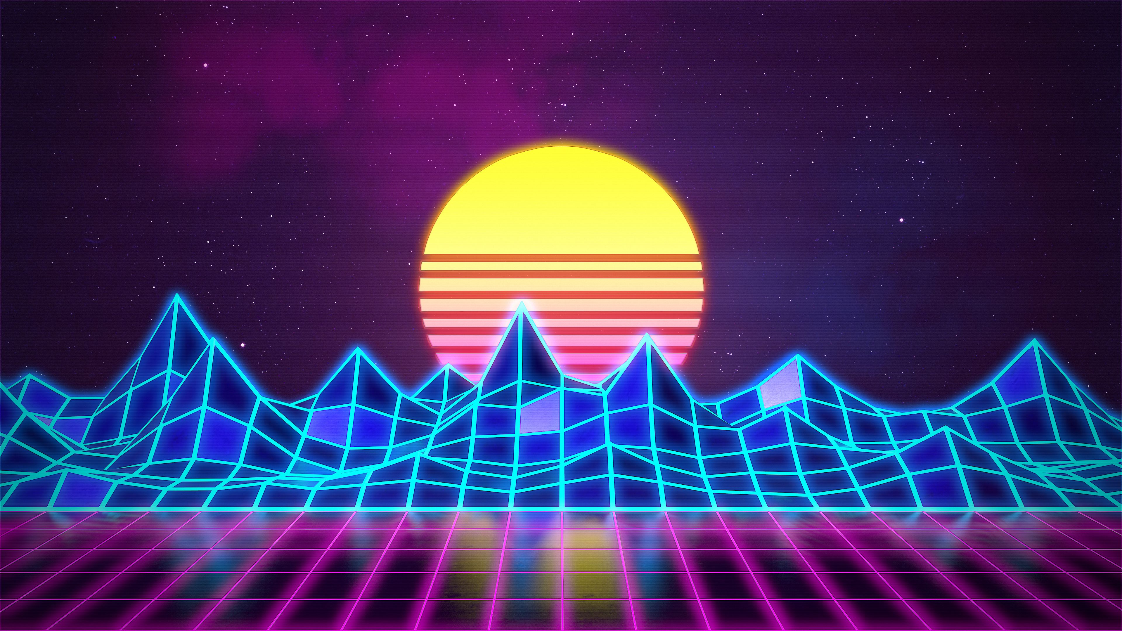 Griglia neon retrowave montagne, 3840x2160 UHD, Monitor 4K