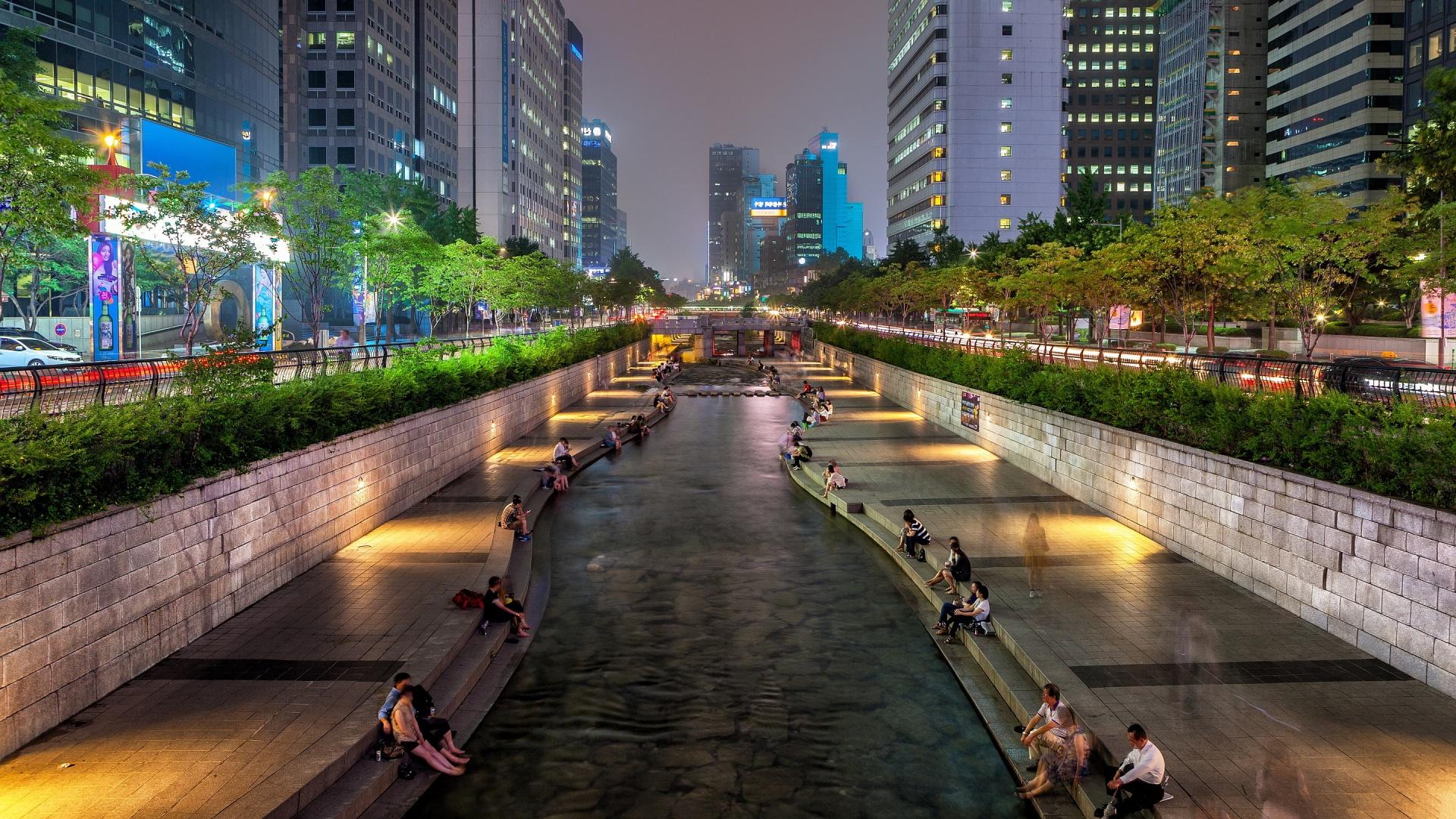 Cheonggyecheon canale notturno Seoul, 1920x1080 Full HD 1080p, Desktop