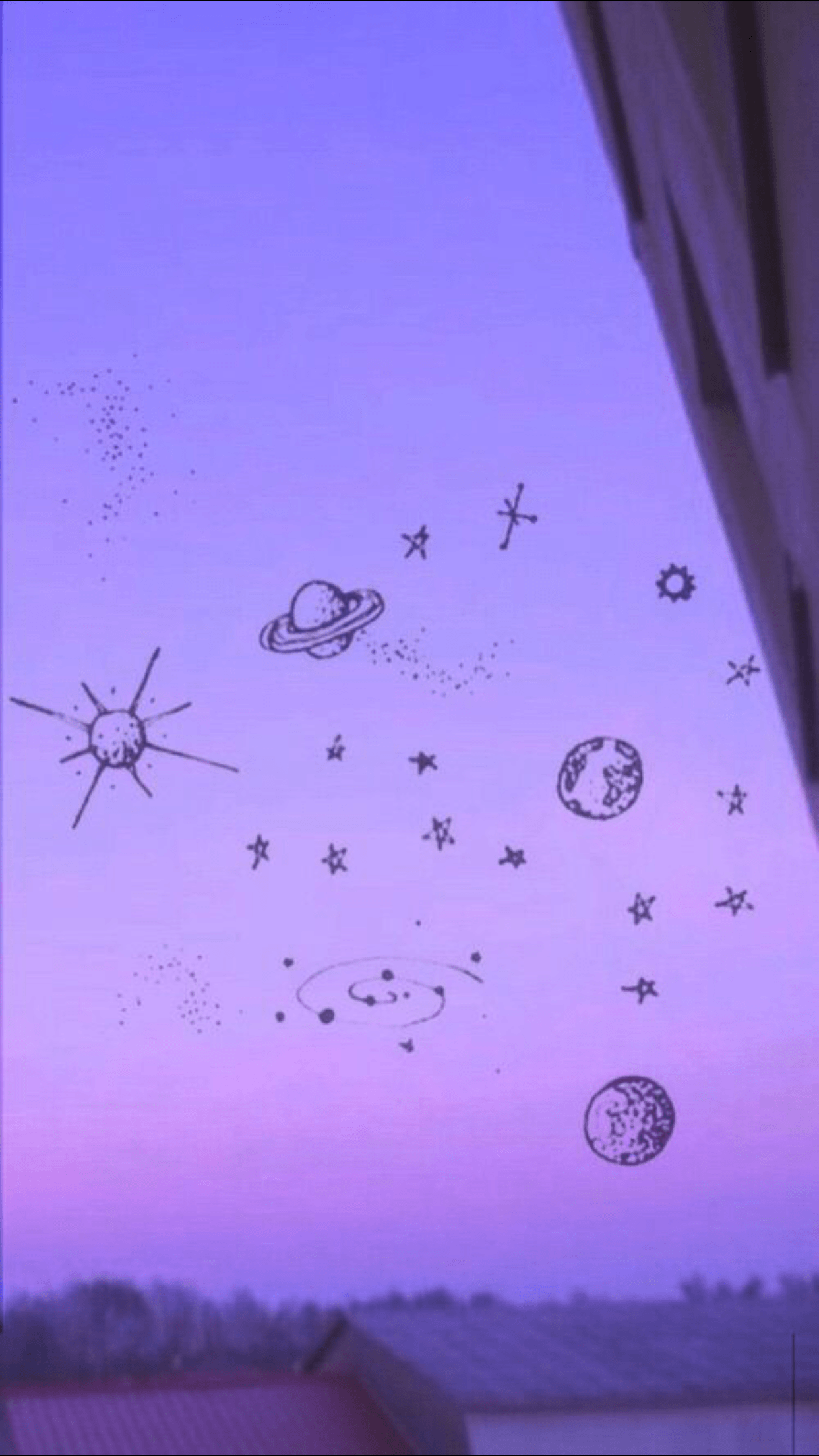 Cielo viola con disegni spaziali, 1242x2208 Verticale, Telefono