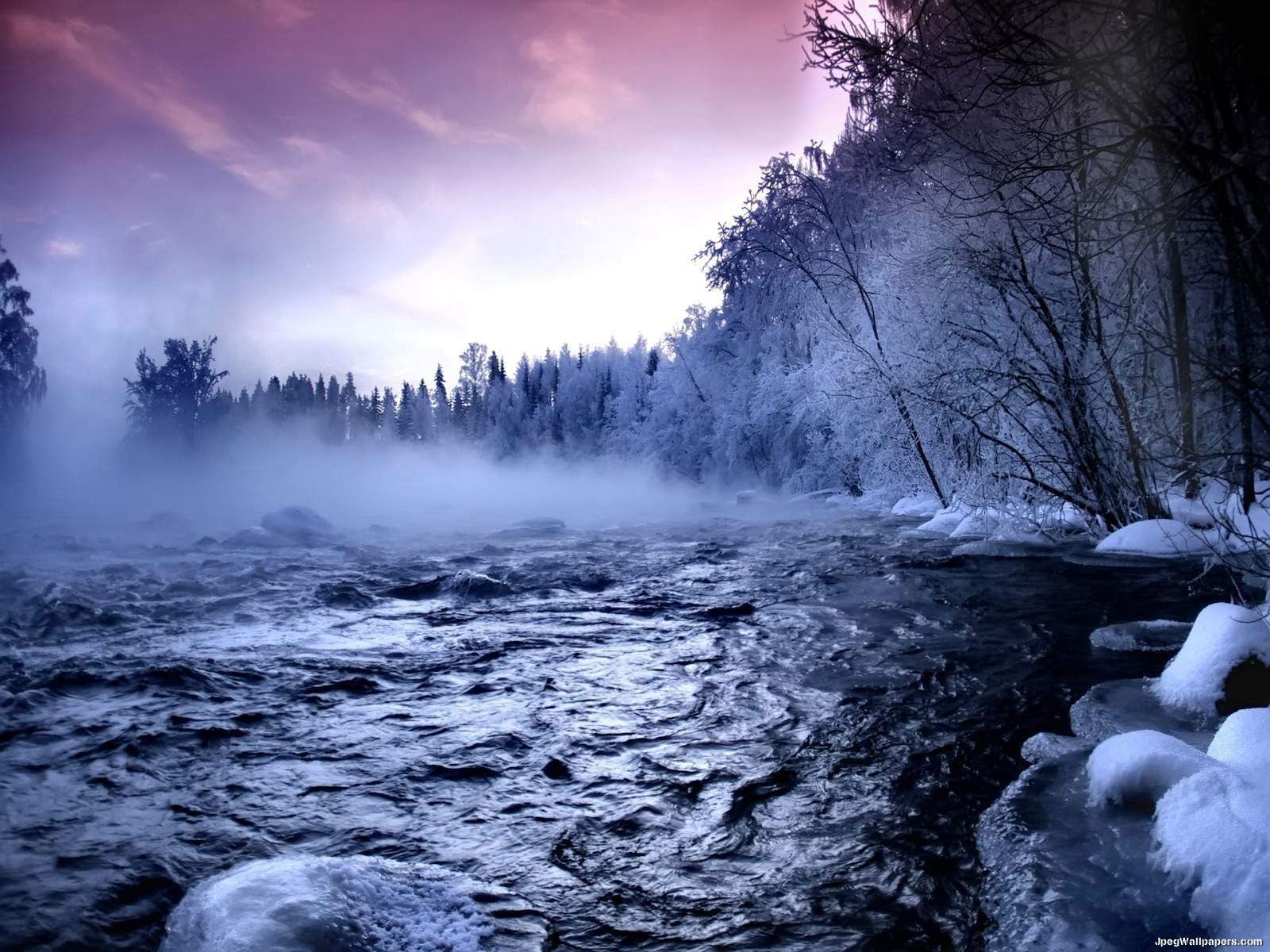 Fiume invernale con nebbia e neve, 1600x1200 HD Ready, Desktop