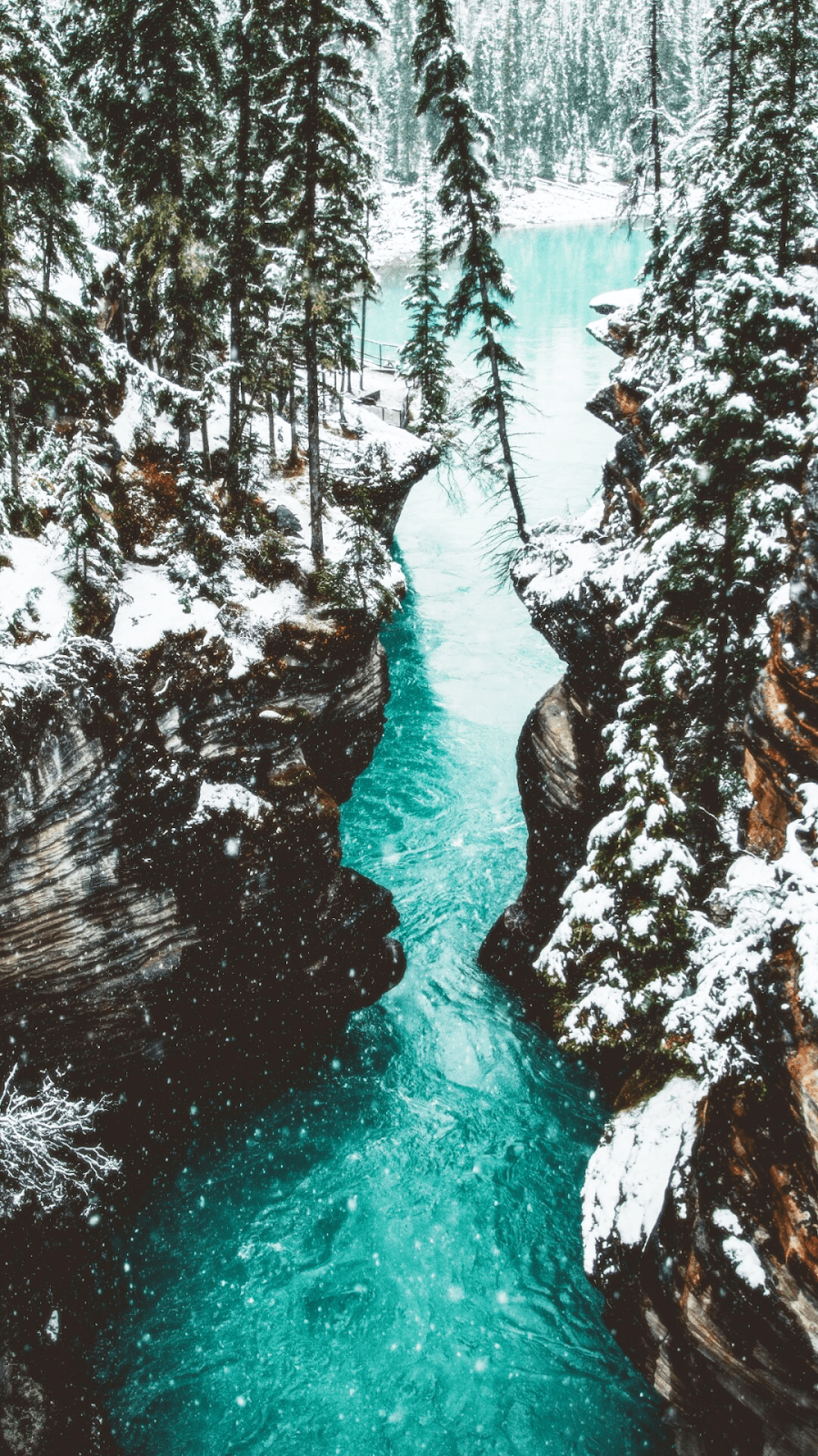 Fiume turchese tra foreste innevate, 900x1600 Verticale, Mobile
