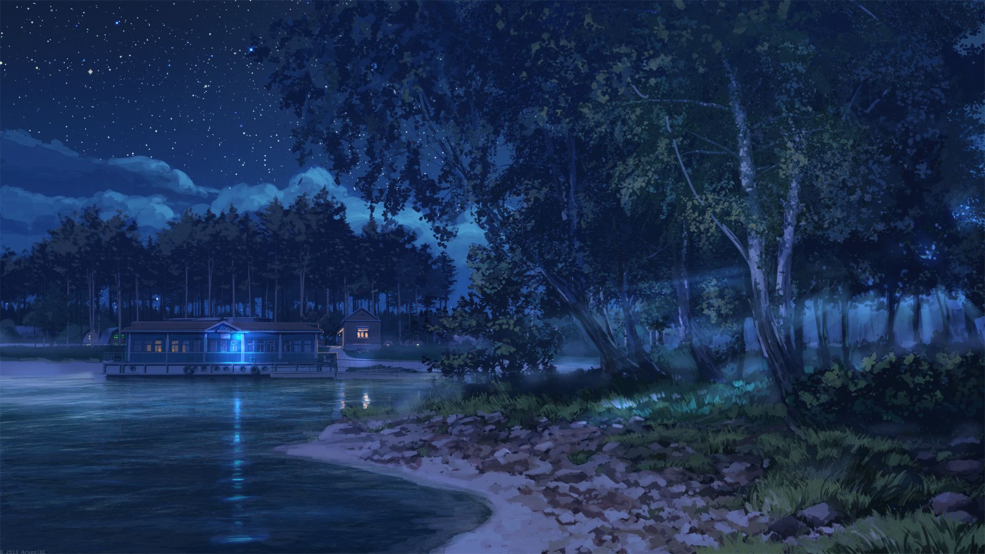 Lago notturno con capanna illuminata, 1920x1080 1080p, PC