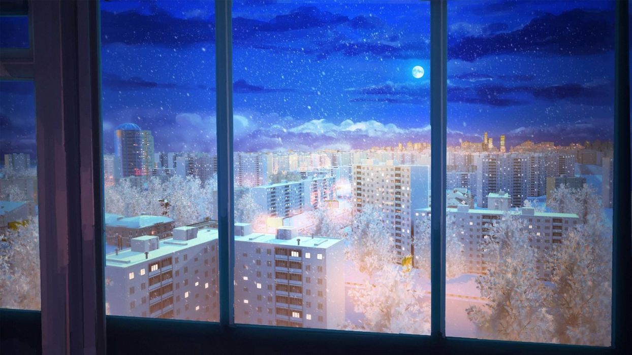 Città notturna innevata dalla finestra, 1244x700 HD, Desktop