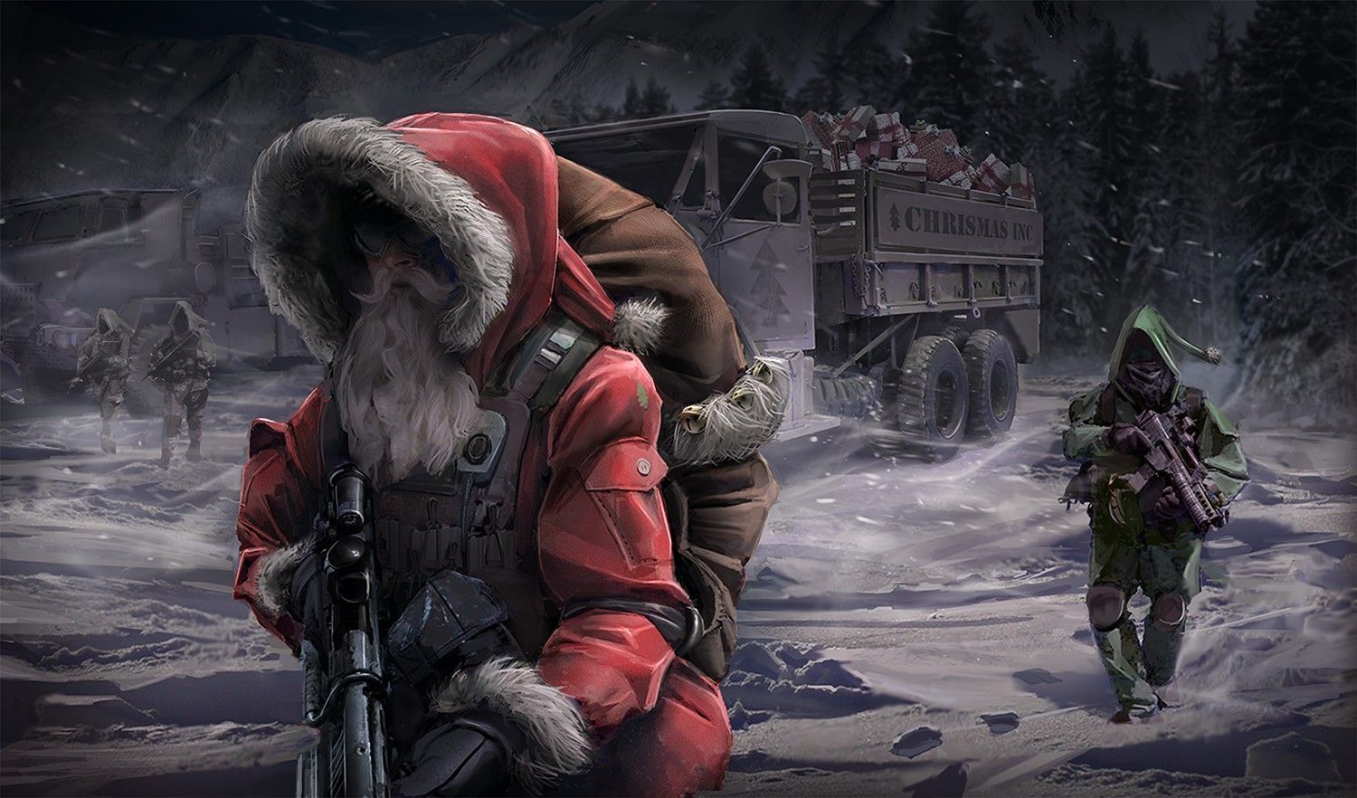 Babbo Natale con fucile, camion militare, 1500x882 720p, PC