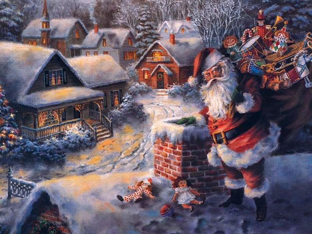 Babbo Natale sul tetto camino, 1024x768 HD, Desktop