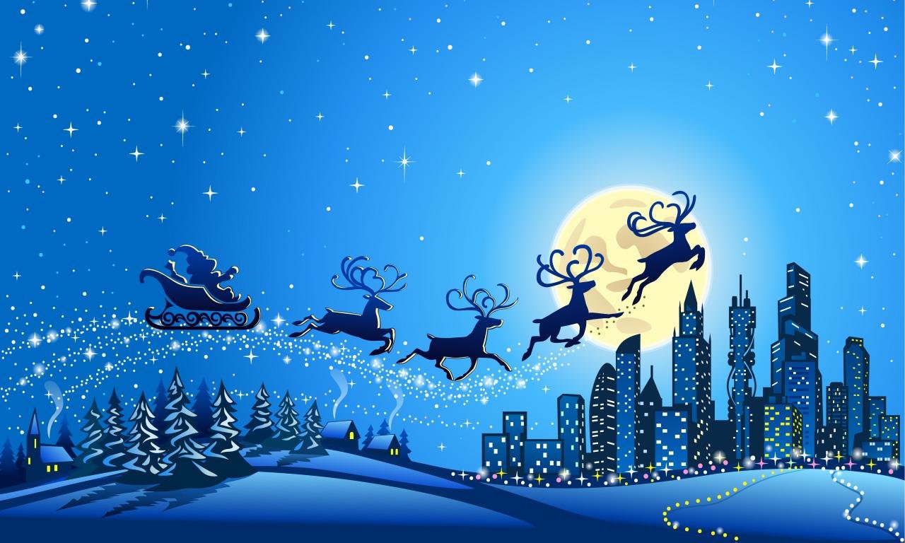 Babbo Natale slitta renne città, 1280x768 HD, Notebook Gaming