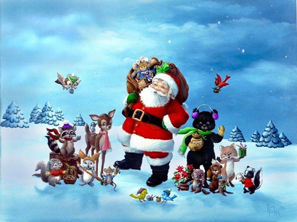 Babbo Natale con animali animati, 1024x768 HD, Desktop