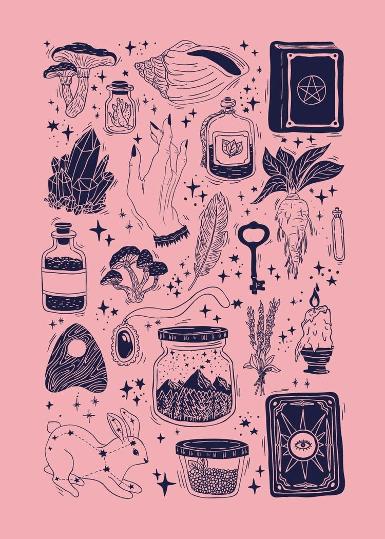 Illustrazioni stregonesche rosa e nero, 750x1050 Full HD Verticale, Smartphone