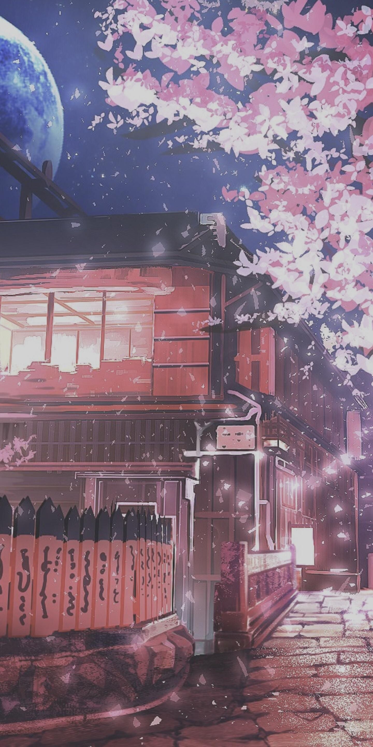 Casa giapponese notturna con sakura, 1440x2880 Verticale, Android