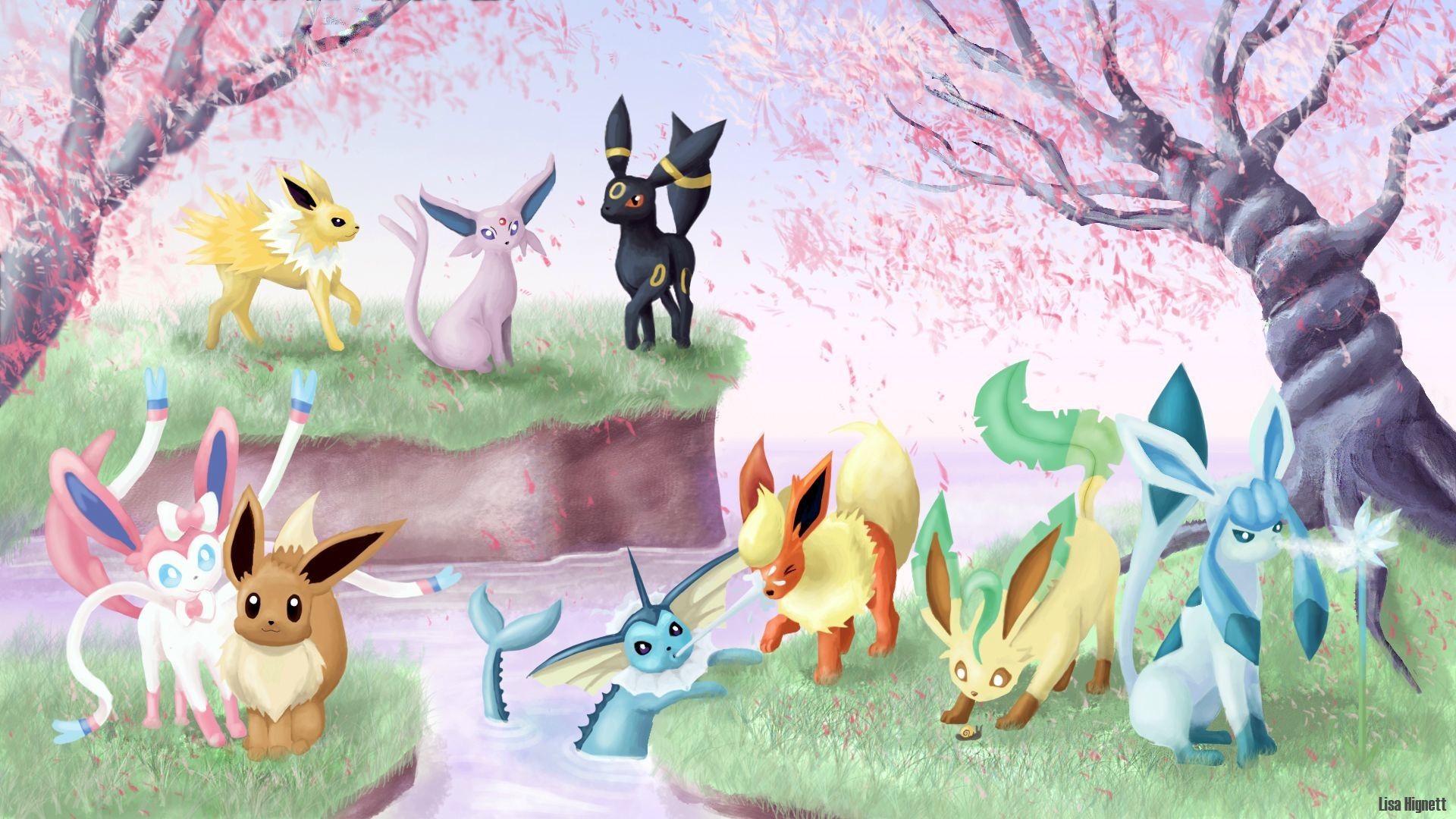 Eevee e evoluzioni, ciliegi, 1920x1080 Full HD, Desktop