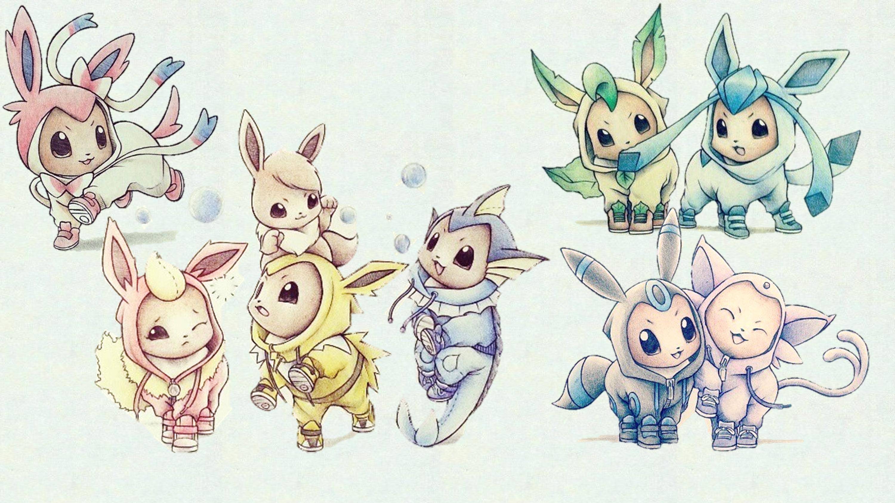 Eevee evoluzioni Pokemon disegnate, Nintendo, 3000x1688 2K, Laptop