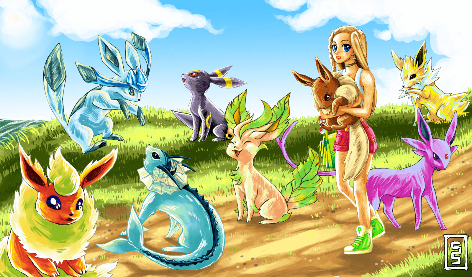 Eevee e evoluzioni con allenatrice, 1600x940 HD, PC Desktop