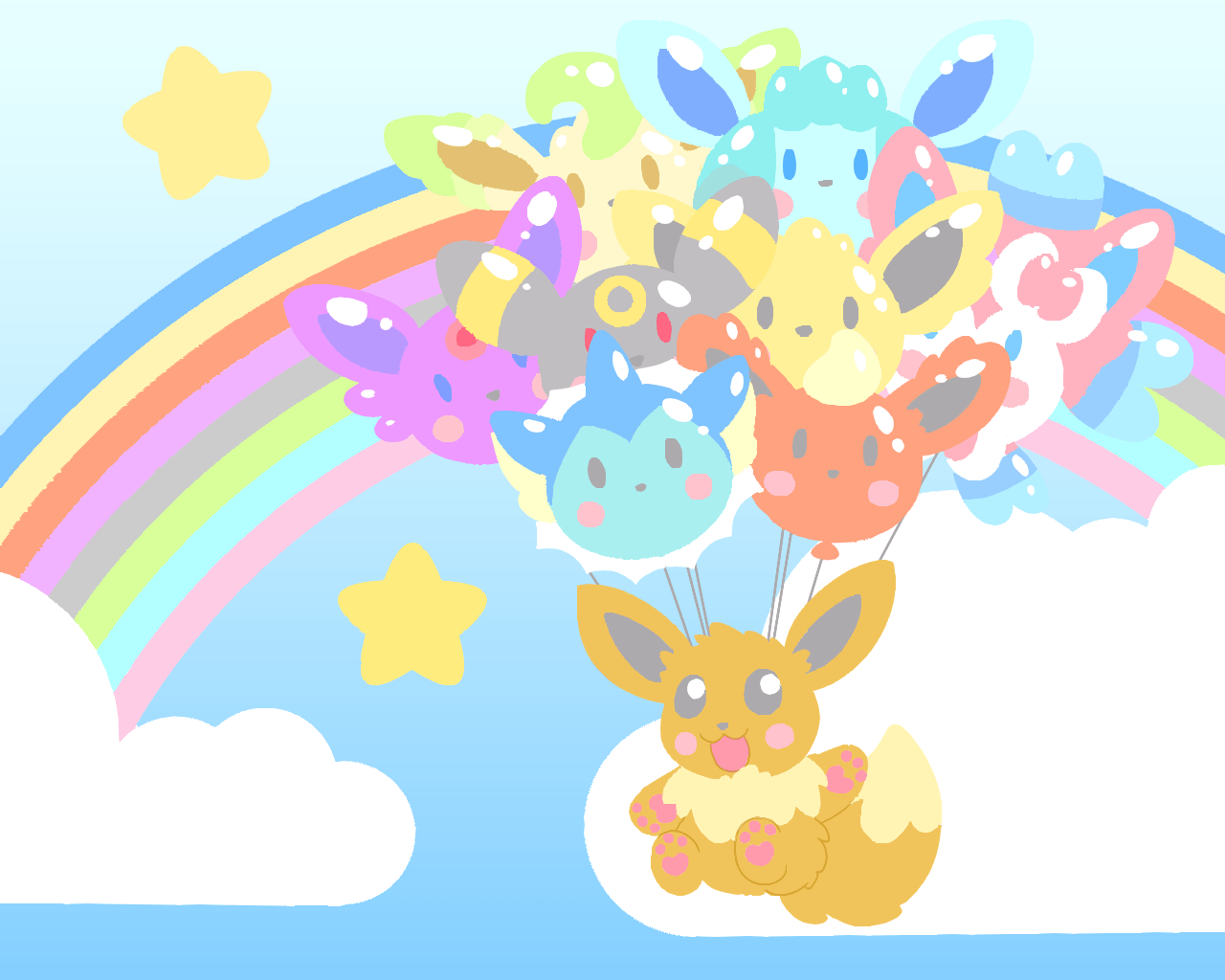 Eevee con palloncini evoluzioni arcobaleno, Pokémon, 1280x1024 HD, Desktop