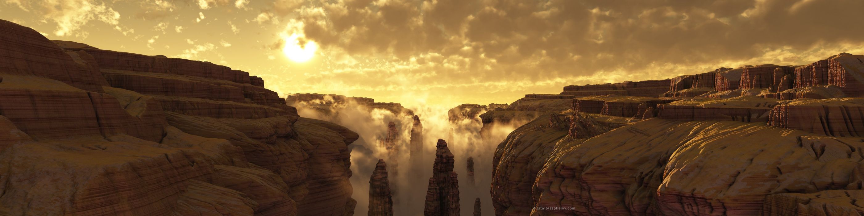 Canyon con nebbia e sole, 2800x700 Panoramico, Dual Screen
