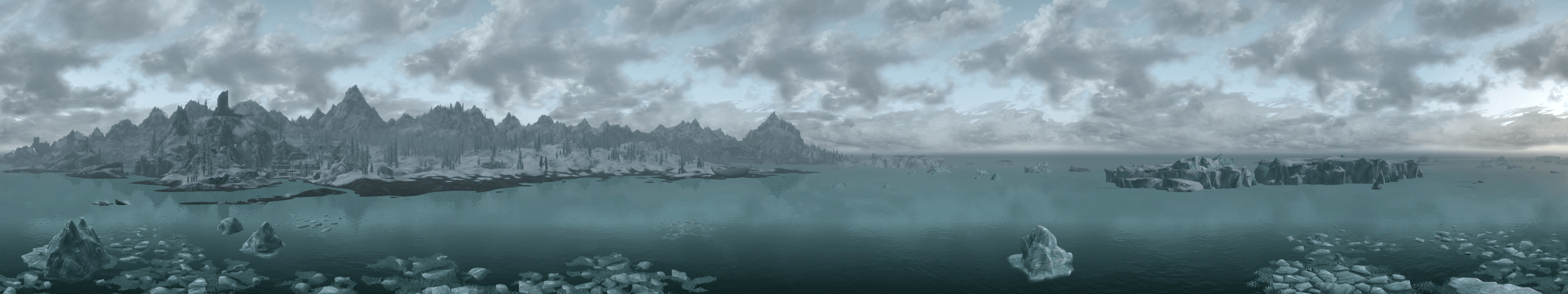 Skyrim paesaggio panoramico nebbioso, The Elder Scrolls, 5760x1080 Ultrawide, Dual Monitor
