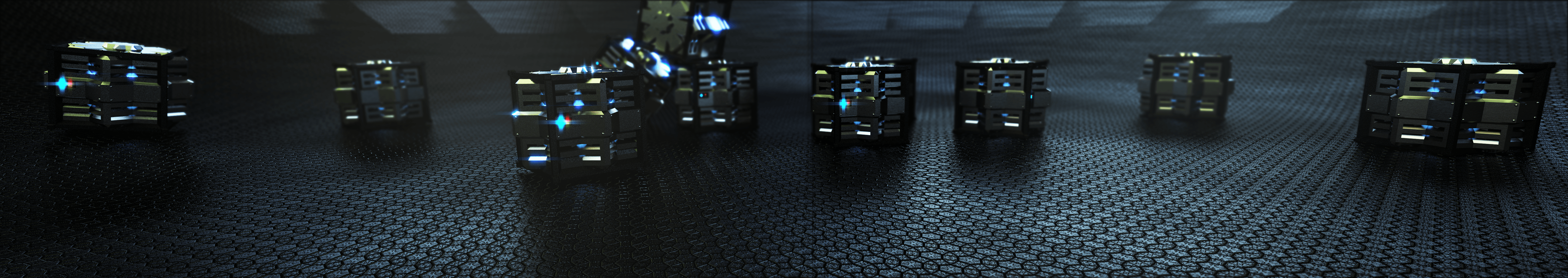 Robot cubici fantascienza blu, 6100x1080 Ultrawide, Dual Monitor