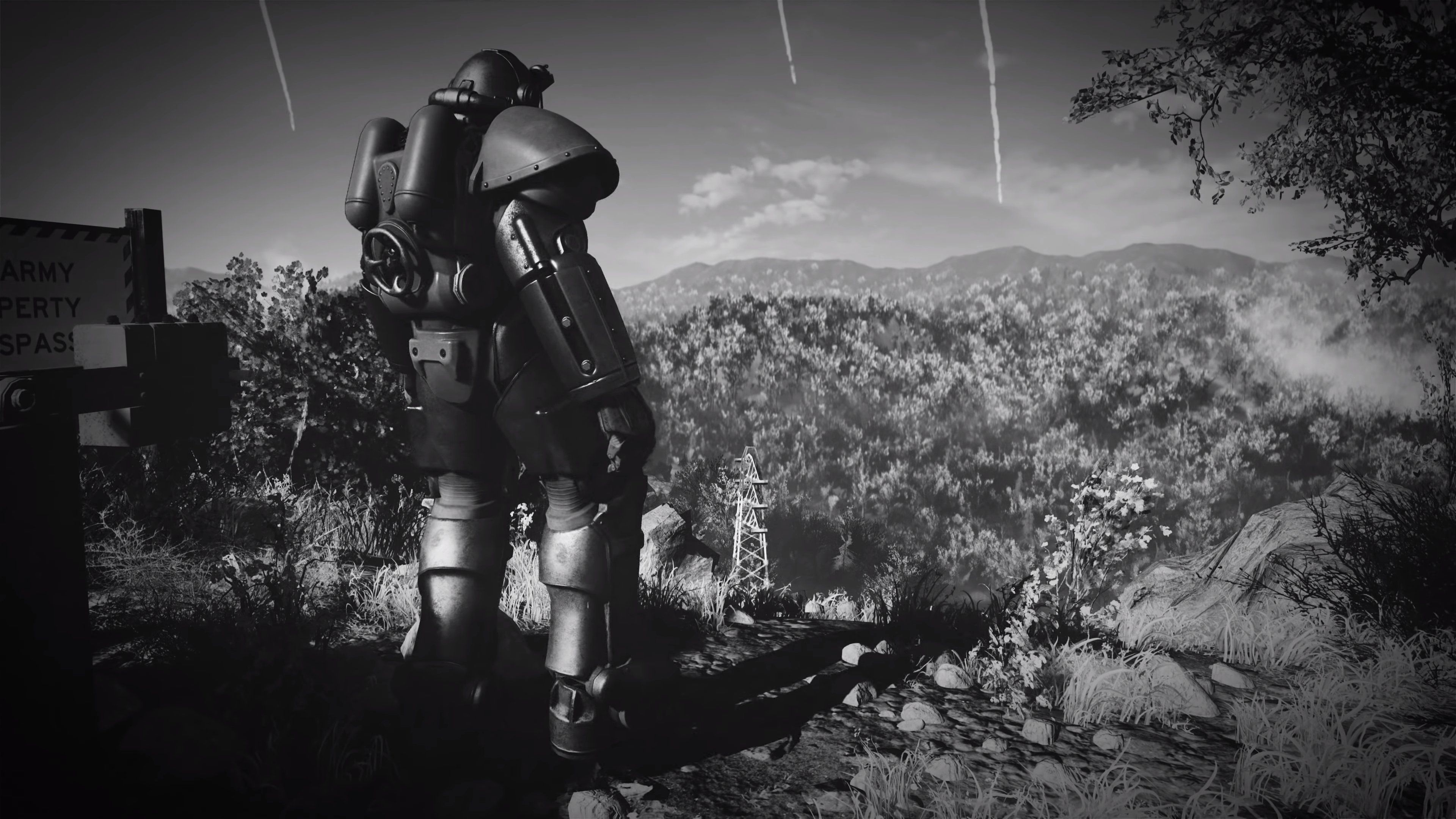 Armatura potenziata Fallout, paesaggio bianco e nero, 3840x2160 Ultra HD, 4K TV