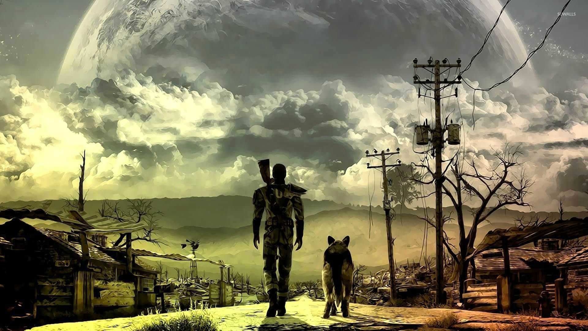 Fallout personaggio con cane, luna gigante, 1920x1080 Full HD, Laptop