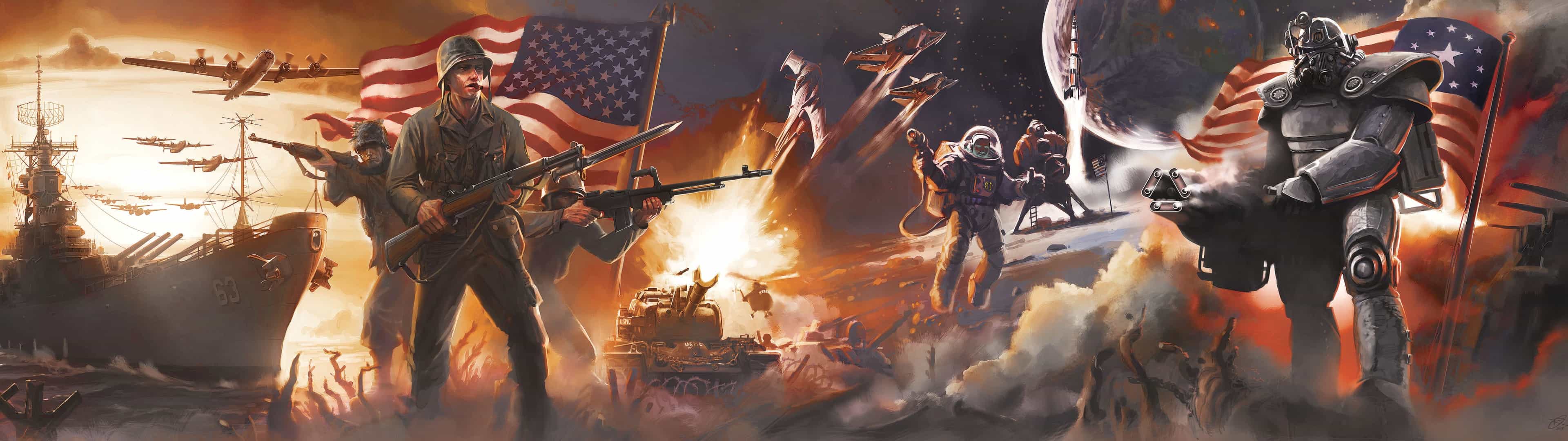 Murale militare Fallout con soldati, 3840x1080 Panoramico, Dual Screen