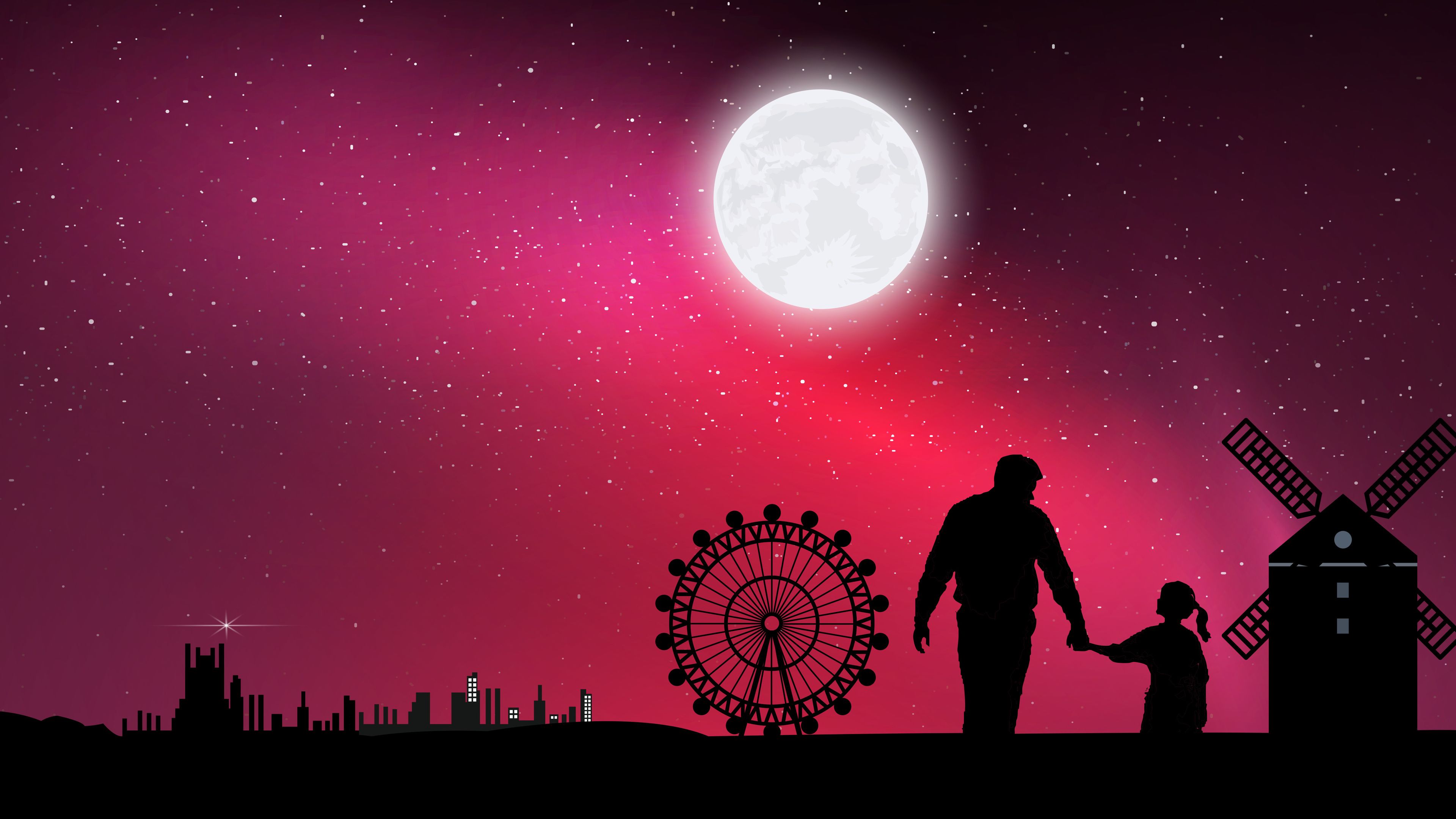 Padre e figlia silhouette luna, 3840x2160 Ultra HD, 4K TV