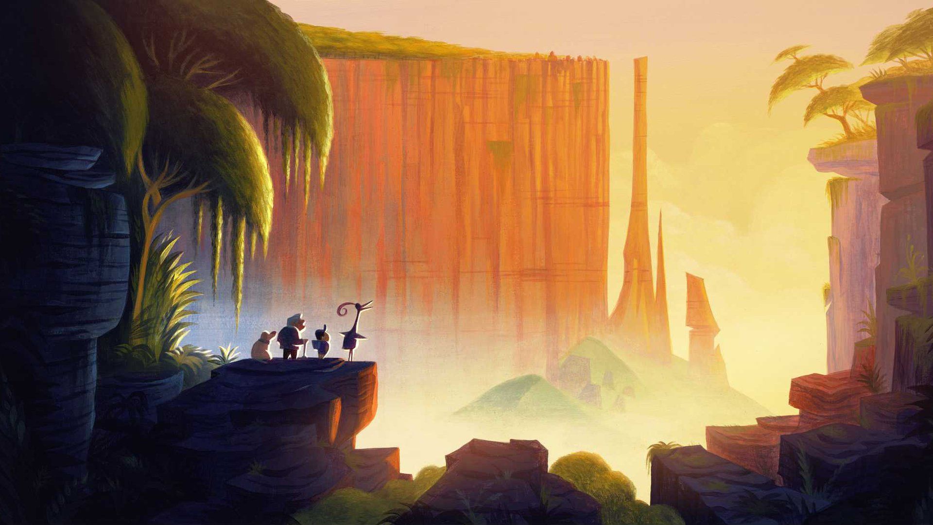 Silhouette esploratori paesaggio fantasy arancione, 1920x1080 Full HD 1080p, Desktop
