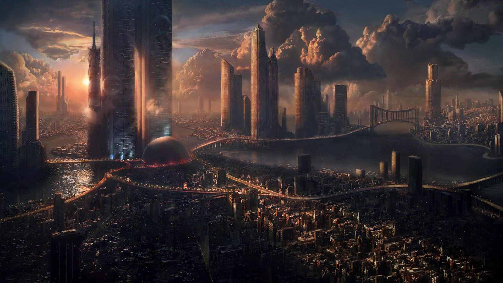 Città futuristica al tramonto, 1920x1080 Full HD, Monitor Gaming