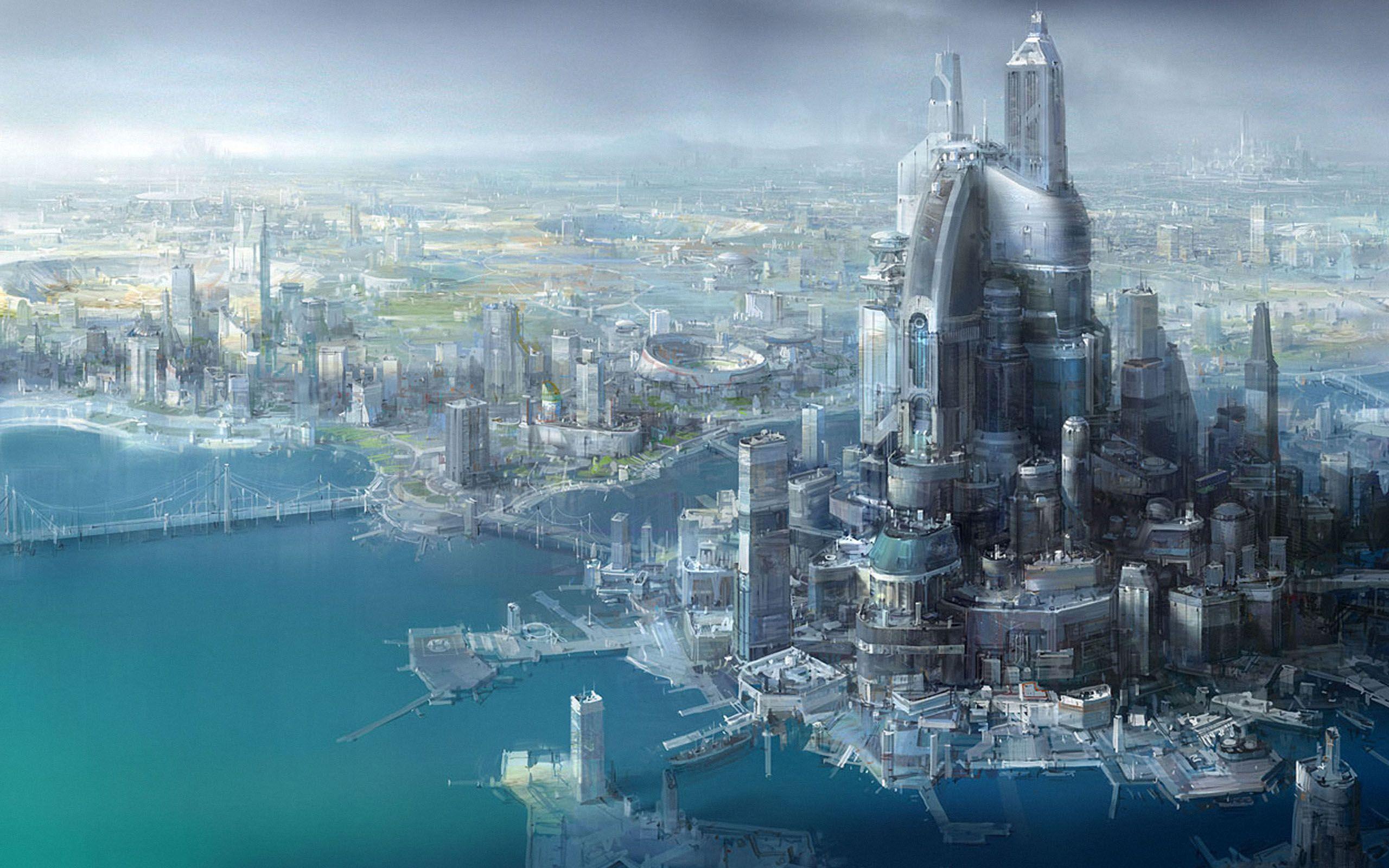 Città futuristica costiera grigio-blu, 2560x1600 WQXGA, PC Desktop