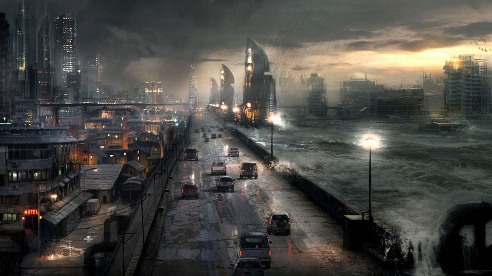 Città futuristica allagata notte, 1920x1080 Full HD 1080p, Desktop