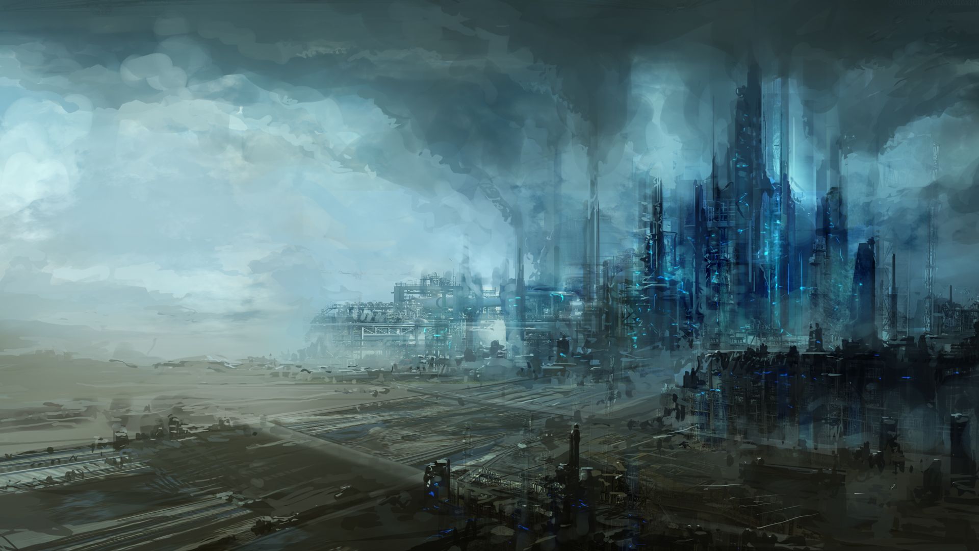 Città futuristica blu nebbiosa, 1920x1080 Full HD 1080p, PC