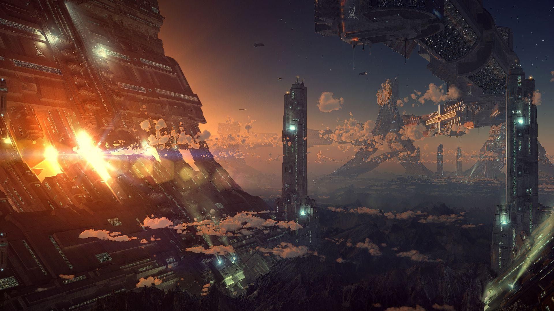 Città futuristica con astronavi, 1920x1080 1080p, Desktop