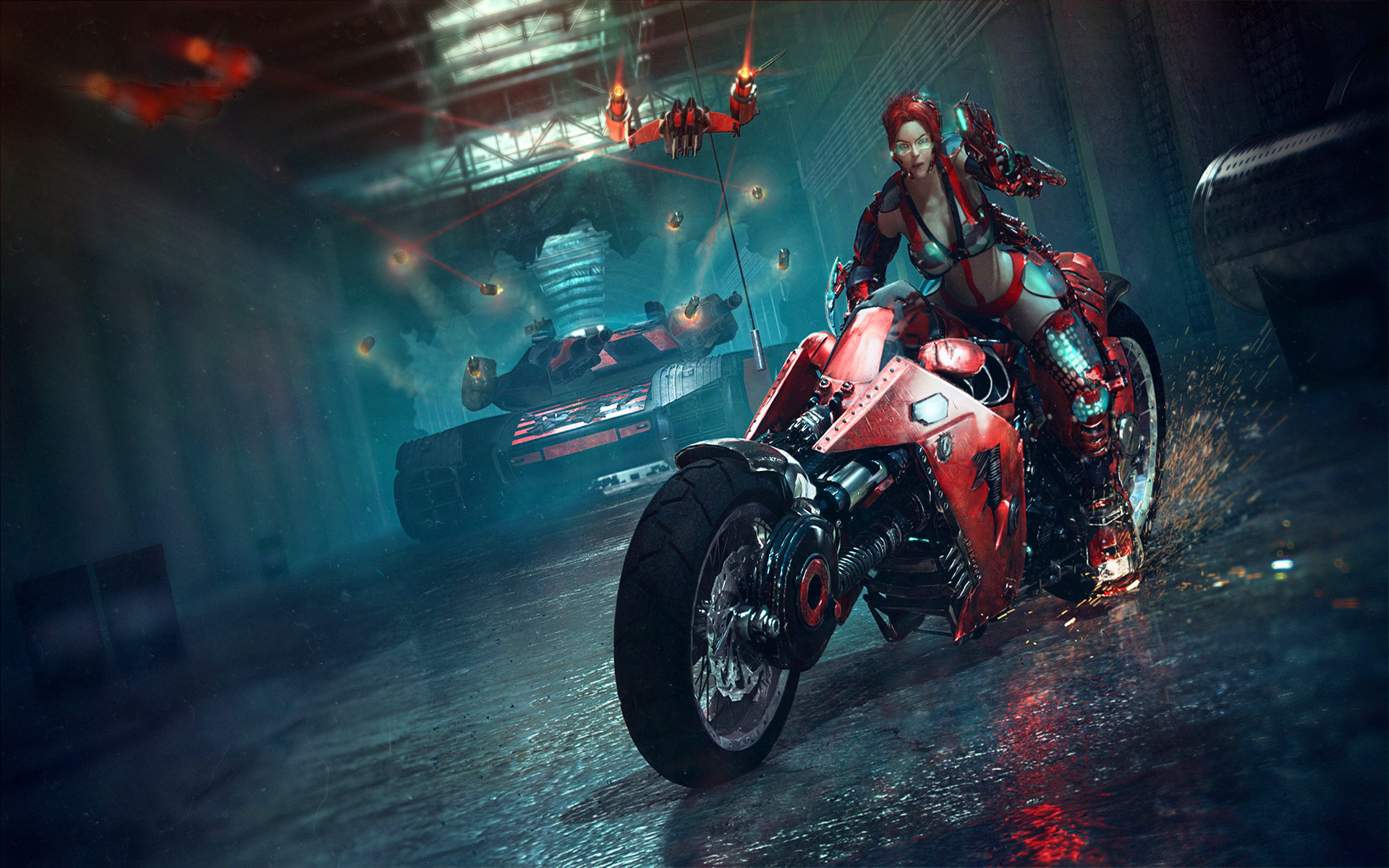 Ragazza motociclista fantascientifica rossa, 1920x1200 WUXGA, Monitor Gaming