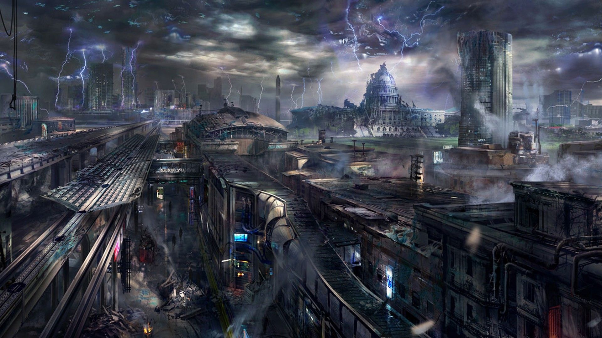 Città futuristica con fulmini, 1920x1080 Full HD, PC