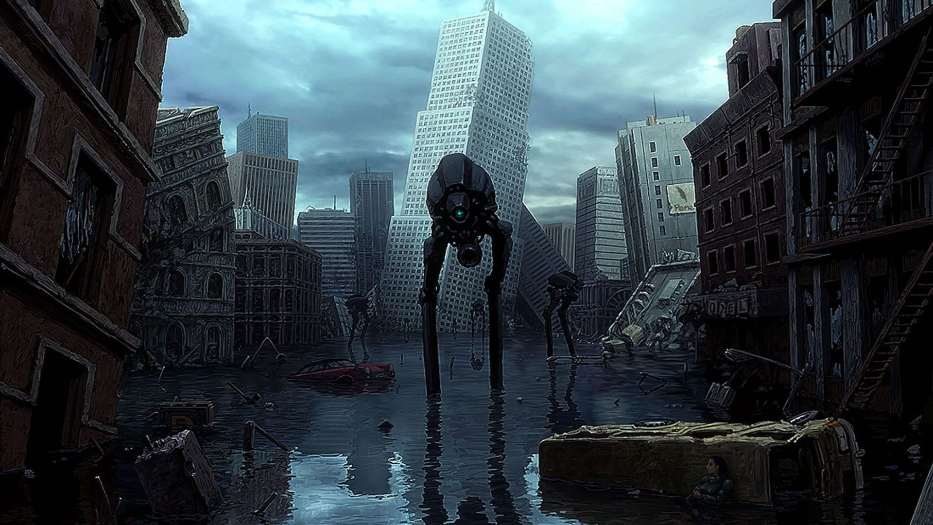 Città distrutta con tripodi alieni, 1920x1080 Full HD 1080p, Monitor Gaming
