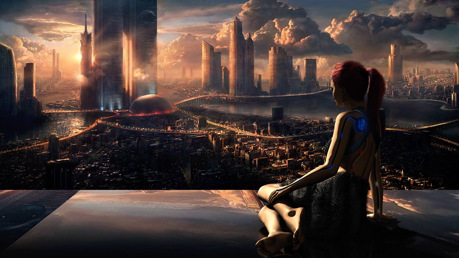 Ragazza robot osserva città futuristica, 1920x1080 Full HD, PC Desktop