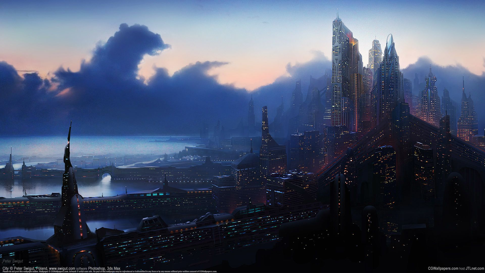 Città futuristica al crepuscolo, 1920x1080 Full HD 1080p, PC