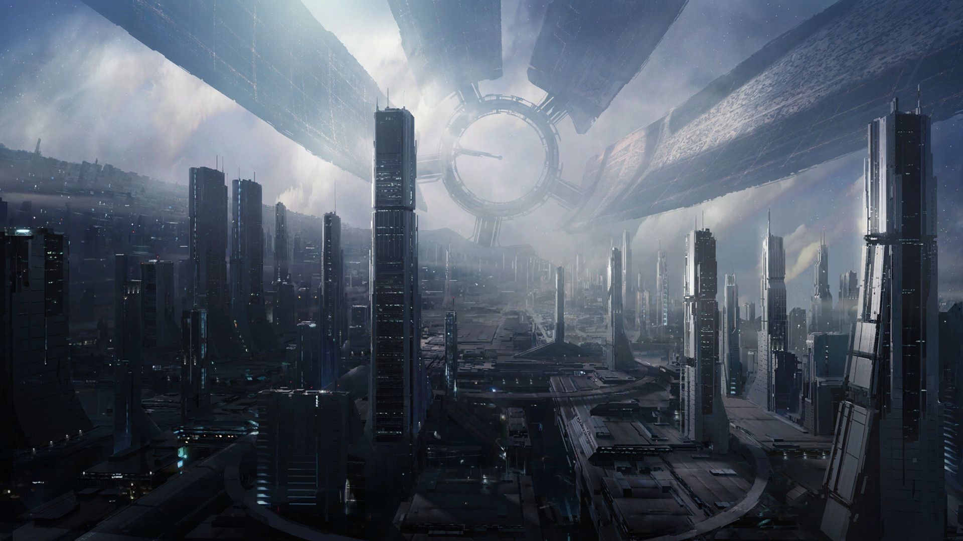Città futuristica con astronavi, 1920x1080 1080p, PC Desktop