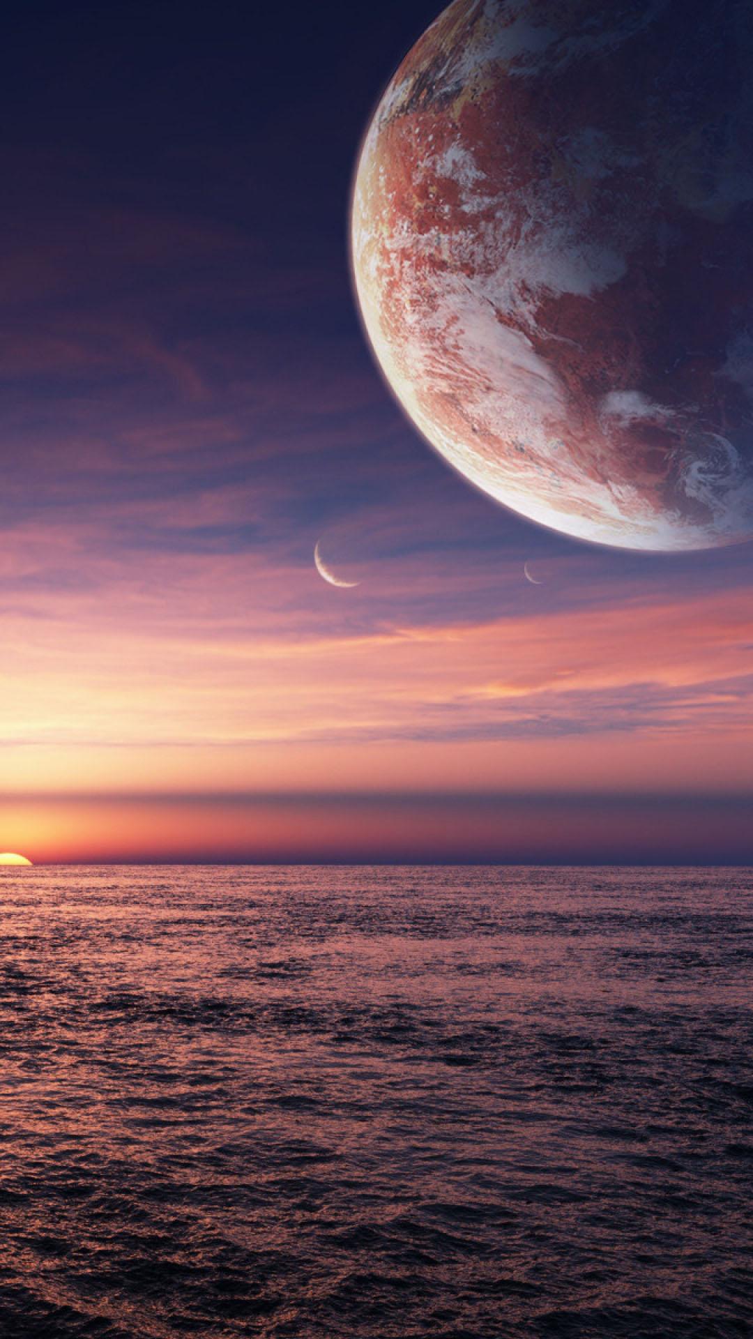 Pianeta gigante sopra oceano al tramonto, sfondi per Telefono, 1080x1920 Full HD Verticale, iPhone