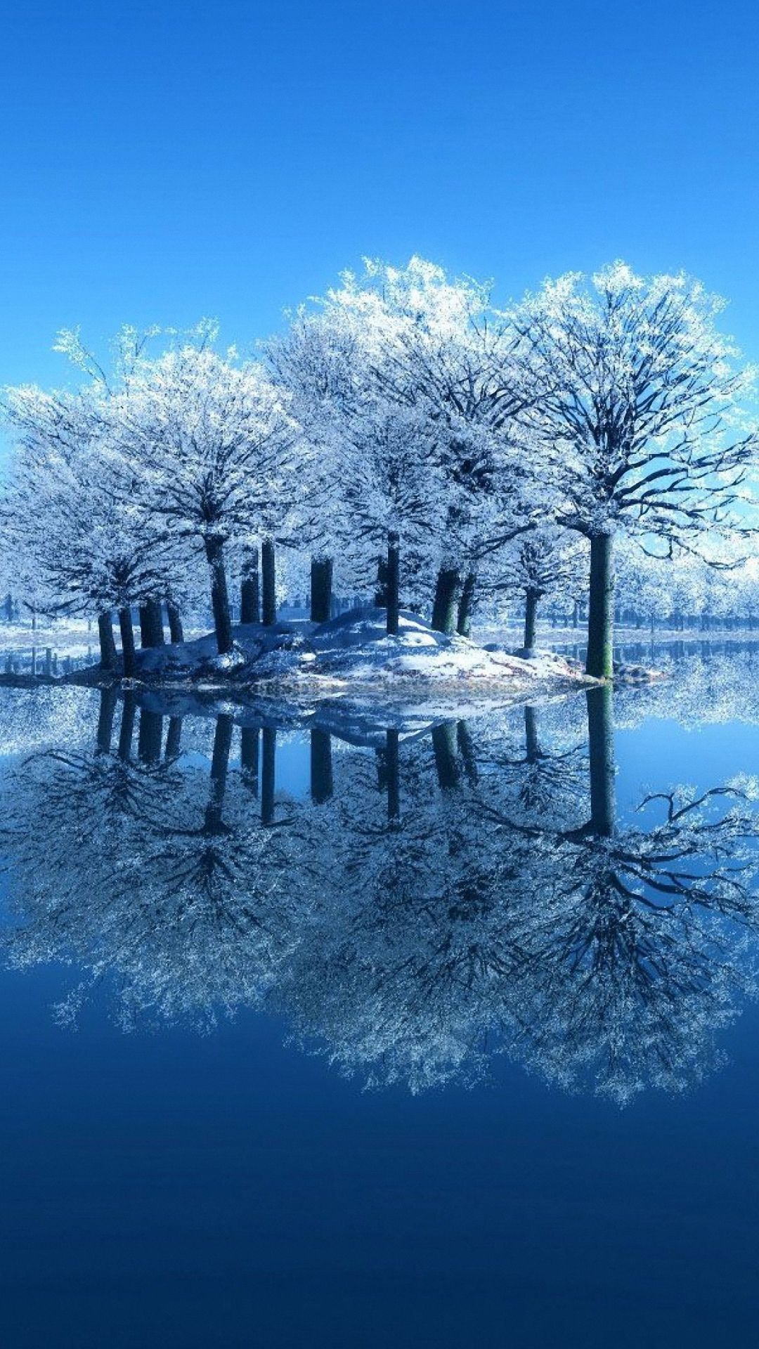 Alberi innevati isola riflesso lago, sfondi per Telefono, 1080x1920 Full HD Verticale, Smartphone