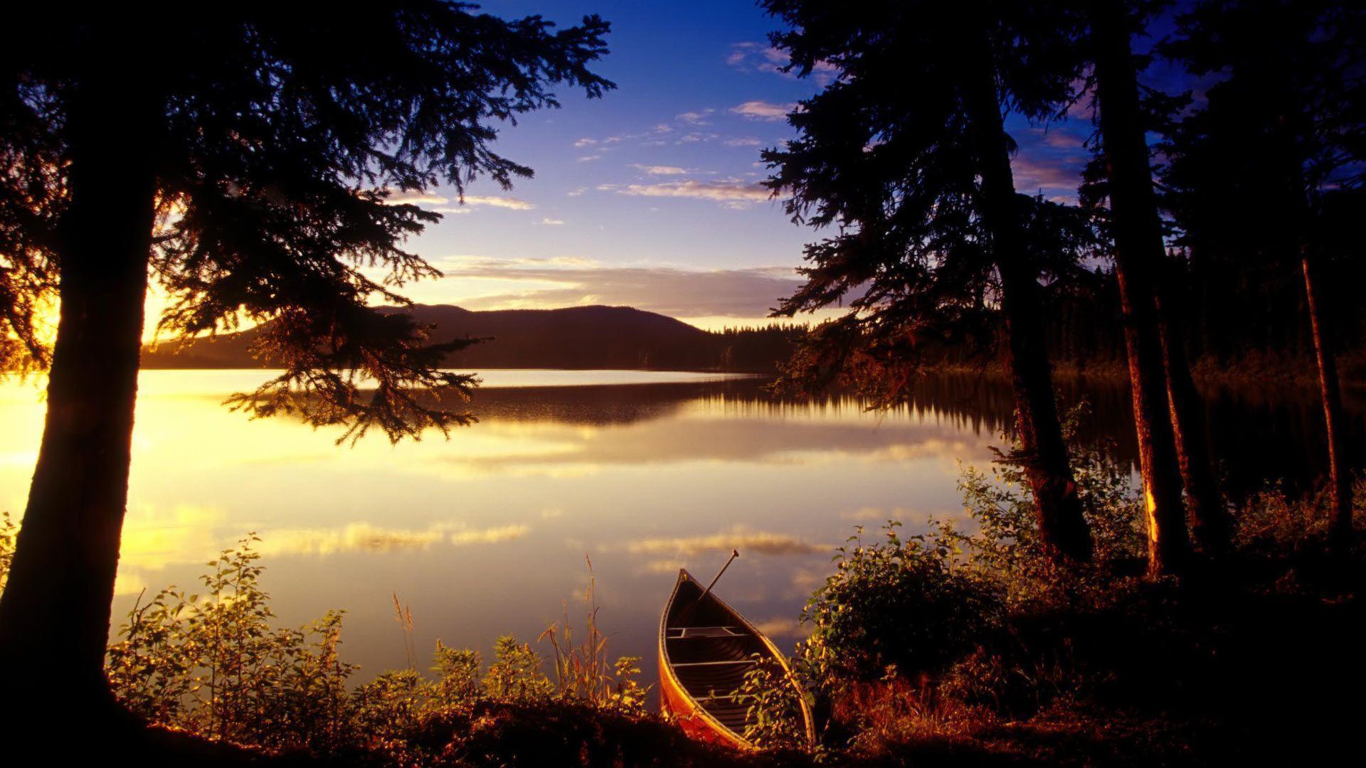Canoa lago tramonto foresta, 1920x1080 Full HD, Laptop