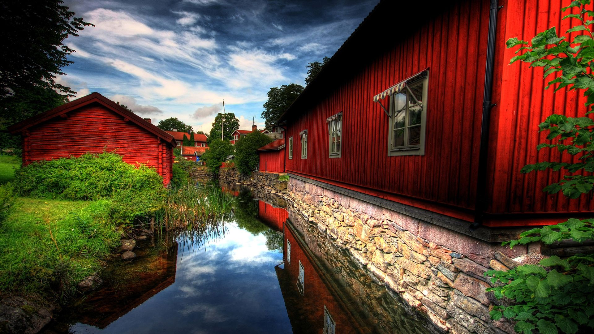 Case rosse svedesi sul canale, 1920x1080 Full HD 1080p, Desktop