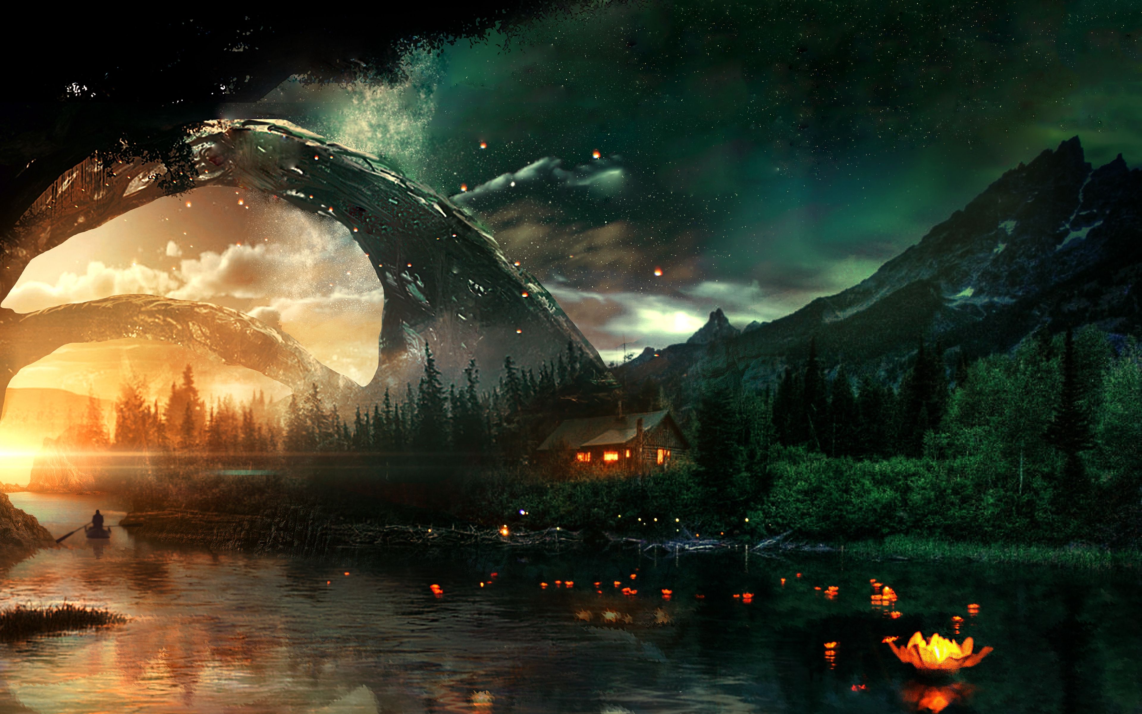 Casa fiume arco fantasy notturno, 3840x2400 4K Ultra HD, Monitor 4K