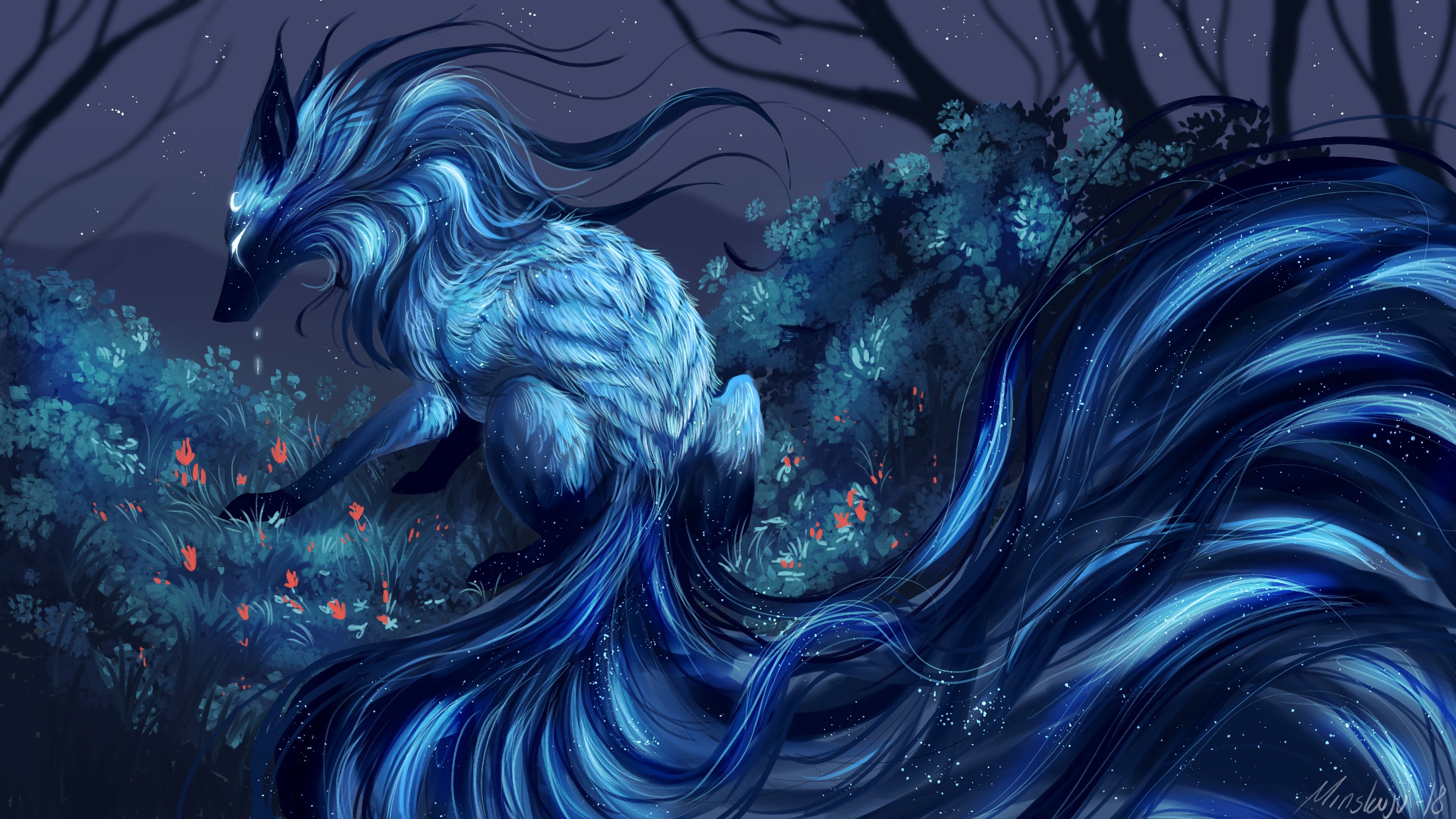 Volpe fantastica blu luminescente, 3840x2160 UHD, PC 4K