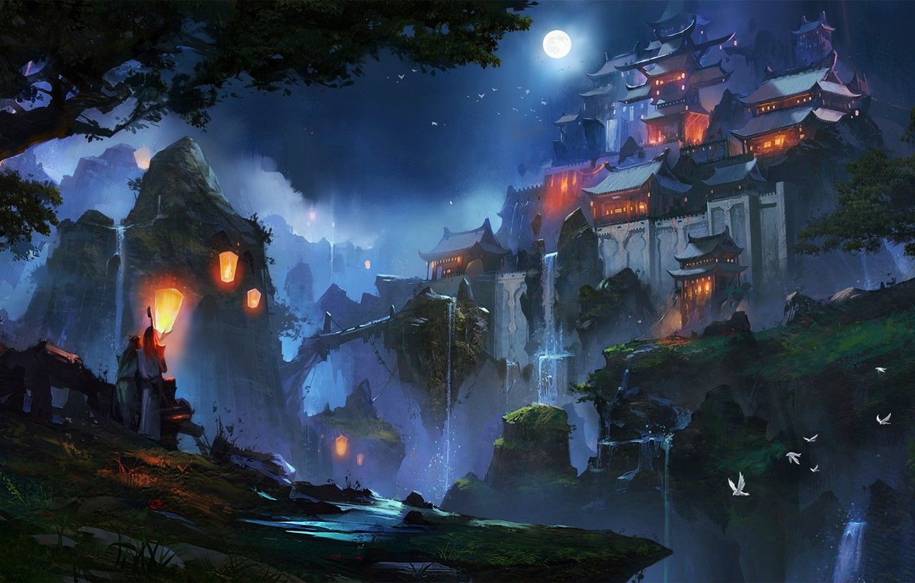villaggio fantasy notturno con luna, 1332x850 HD, ROG Asus Laptop