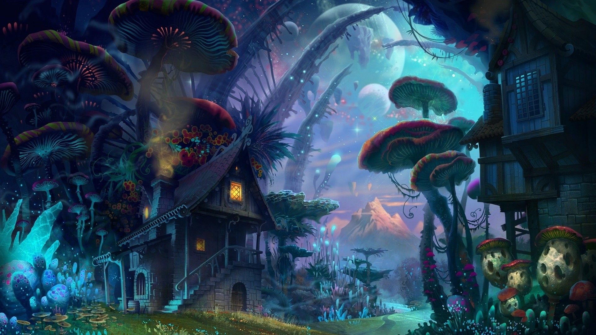 Villaggio funghi fantasy notturno, 1920x1080 1080p, Desktop