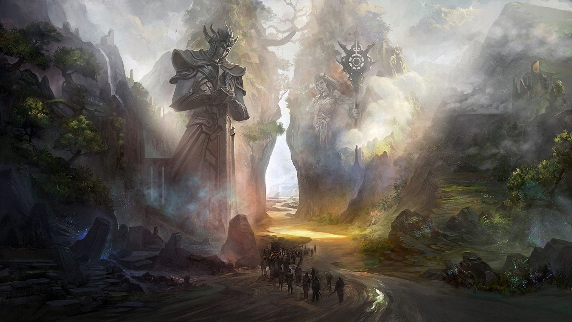 Statue giganti, canyon fantasy nebbioso, 1920x1080 Full HD, PC Desktop