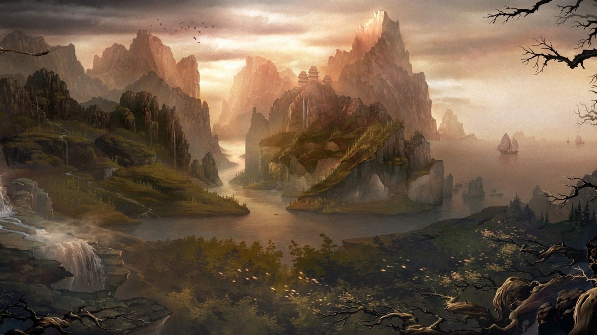 Valle fantasy montagne dorate, 1920x1080 Full HD 1080p, Desktop