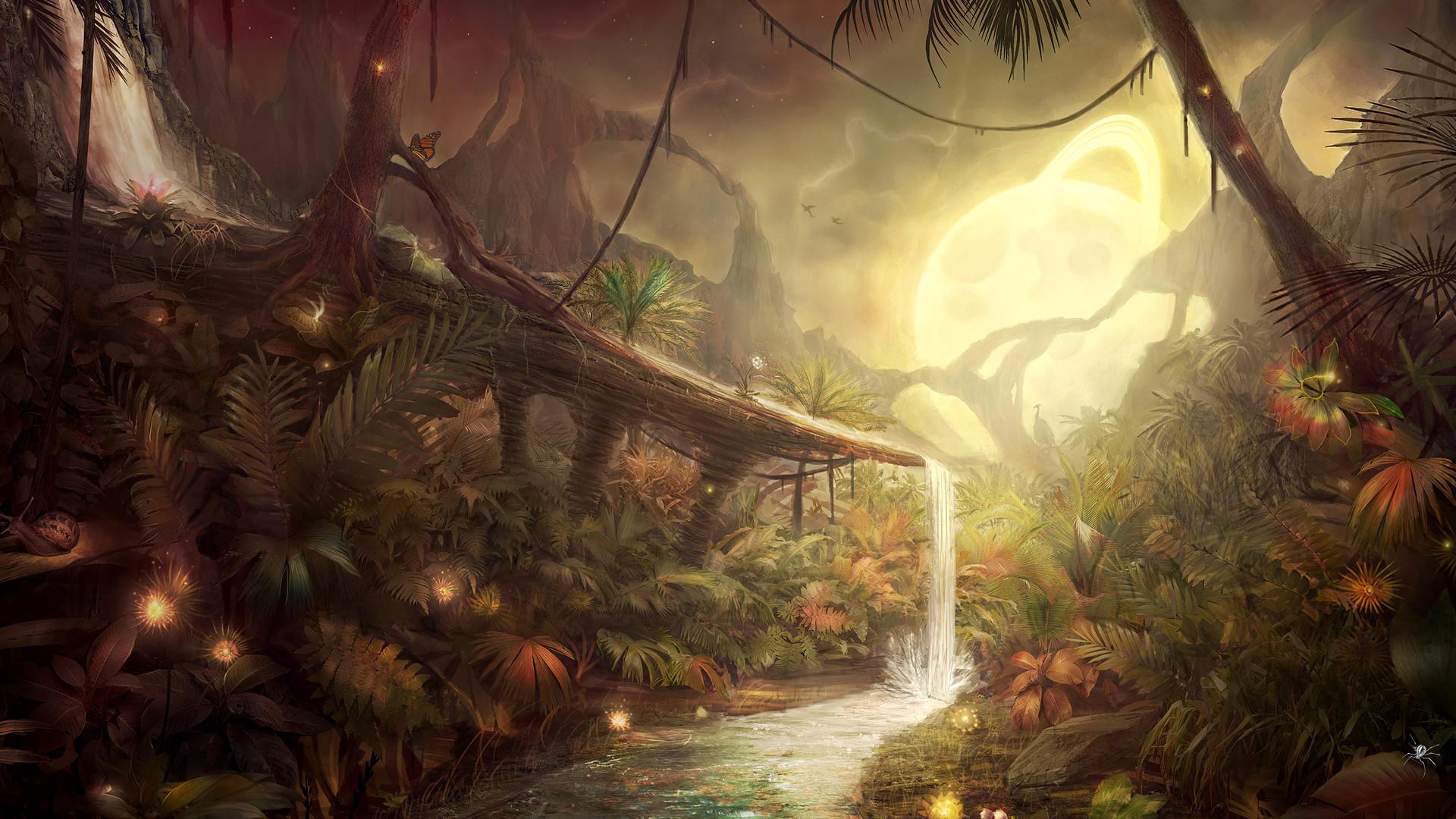 Foresta fantasy con luna e cascata, 1920x1080 1080p, Desktop