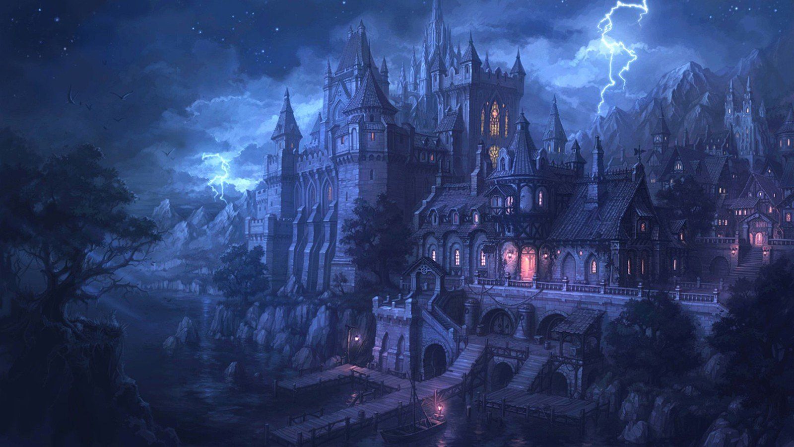 Castello fantasy notturno con fulmini, 1600x900 HD Ready, iMac