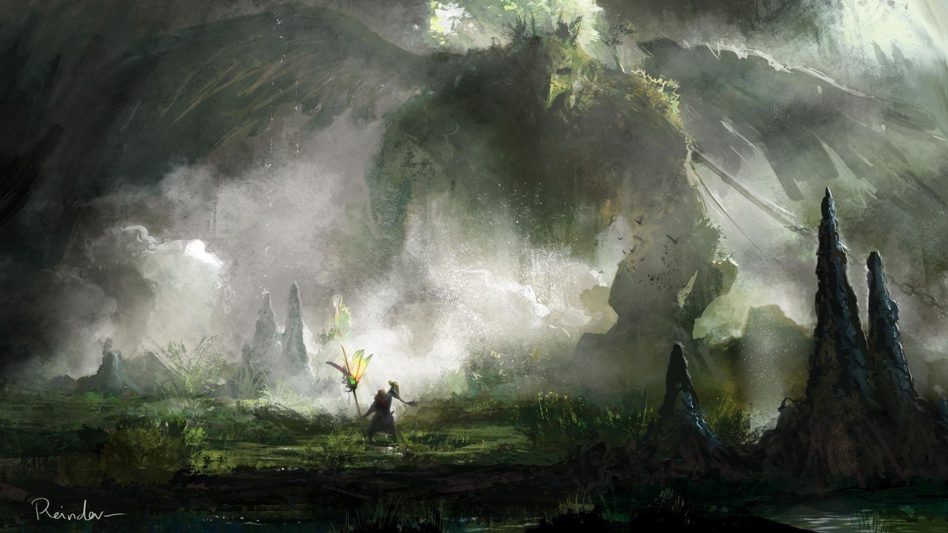 Guerriero solitario in paesaggio fantasy, 1920x1080 Full HD, Desktop